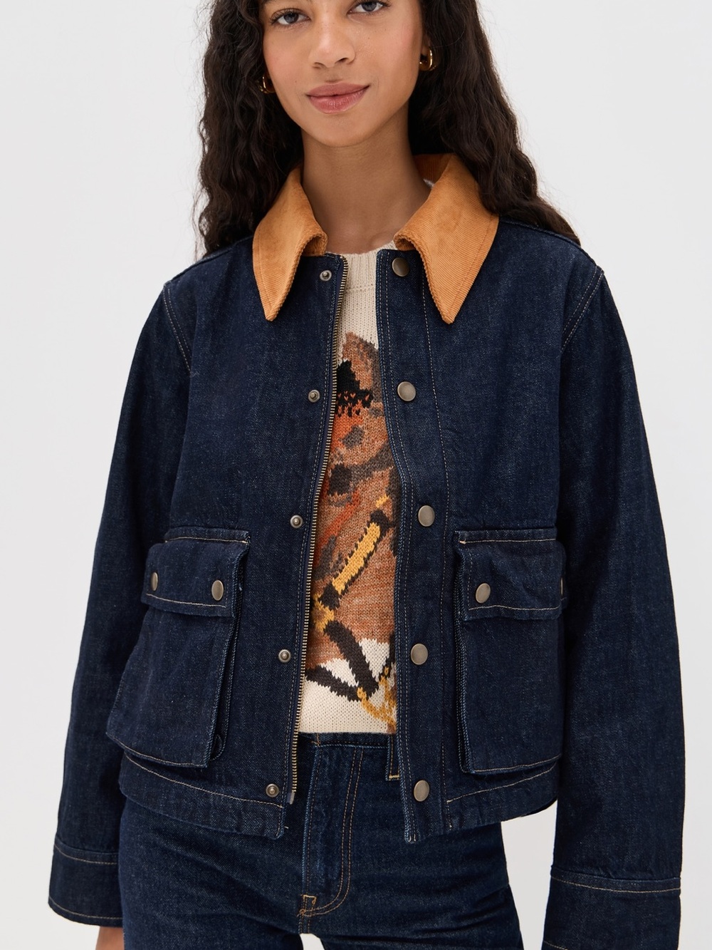 The Great. NWT Denim Swingy Jacket in Midnight Rise, Size 0